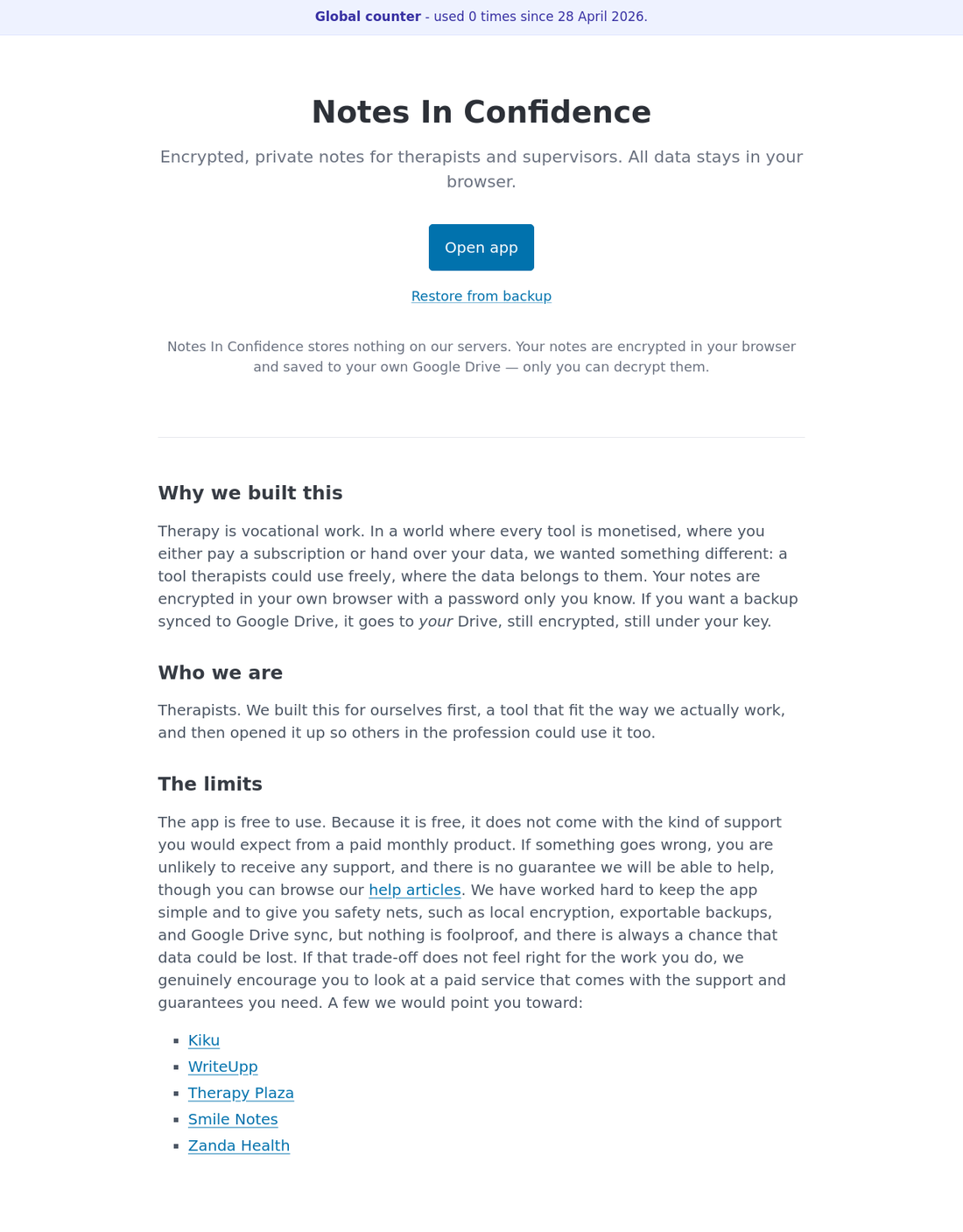 The Notes In Confidence landing page