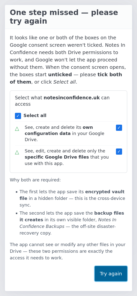 The "one step missed" partial-grant recovery dialog