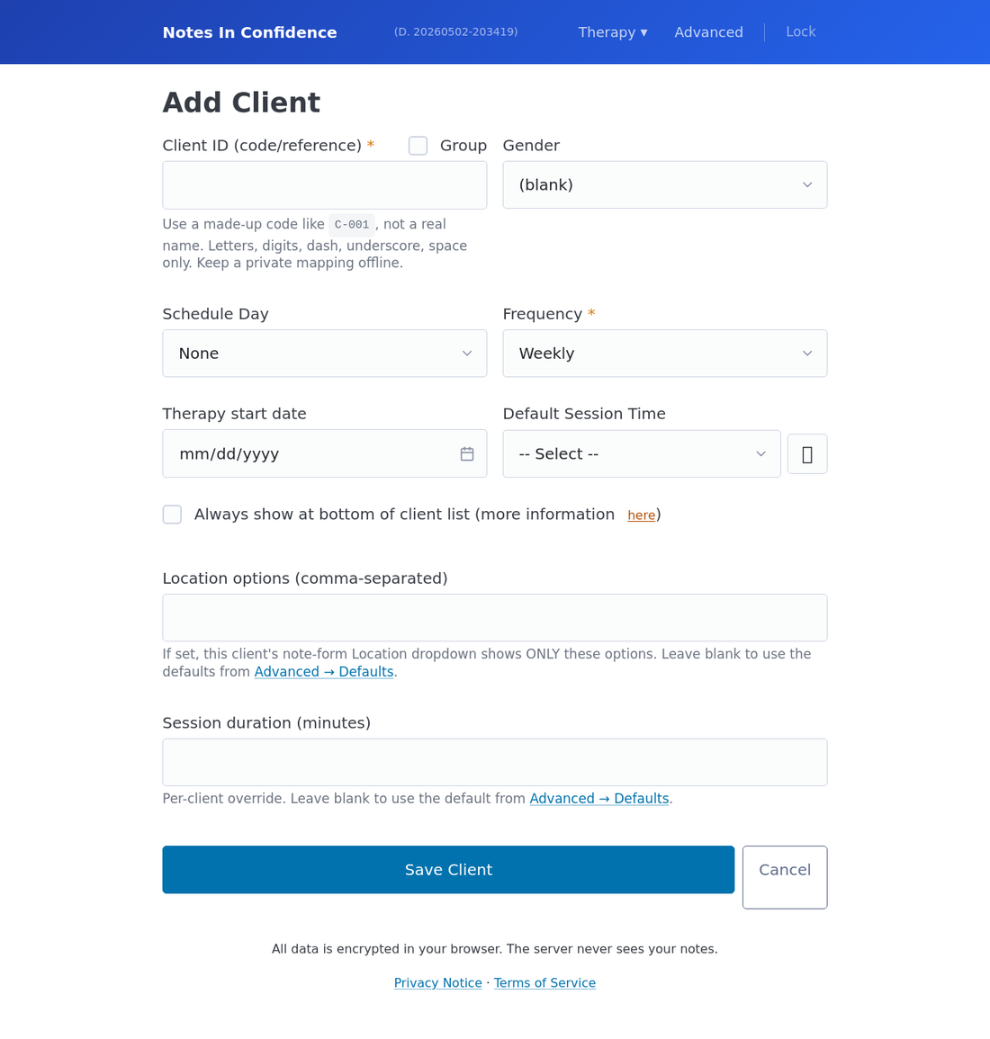 The Add Client form, empty