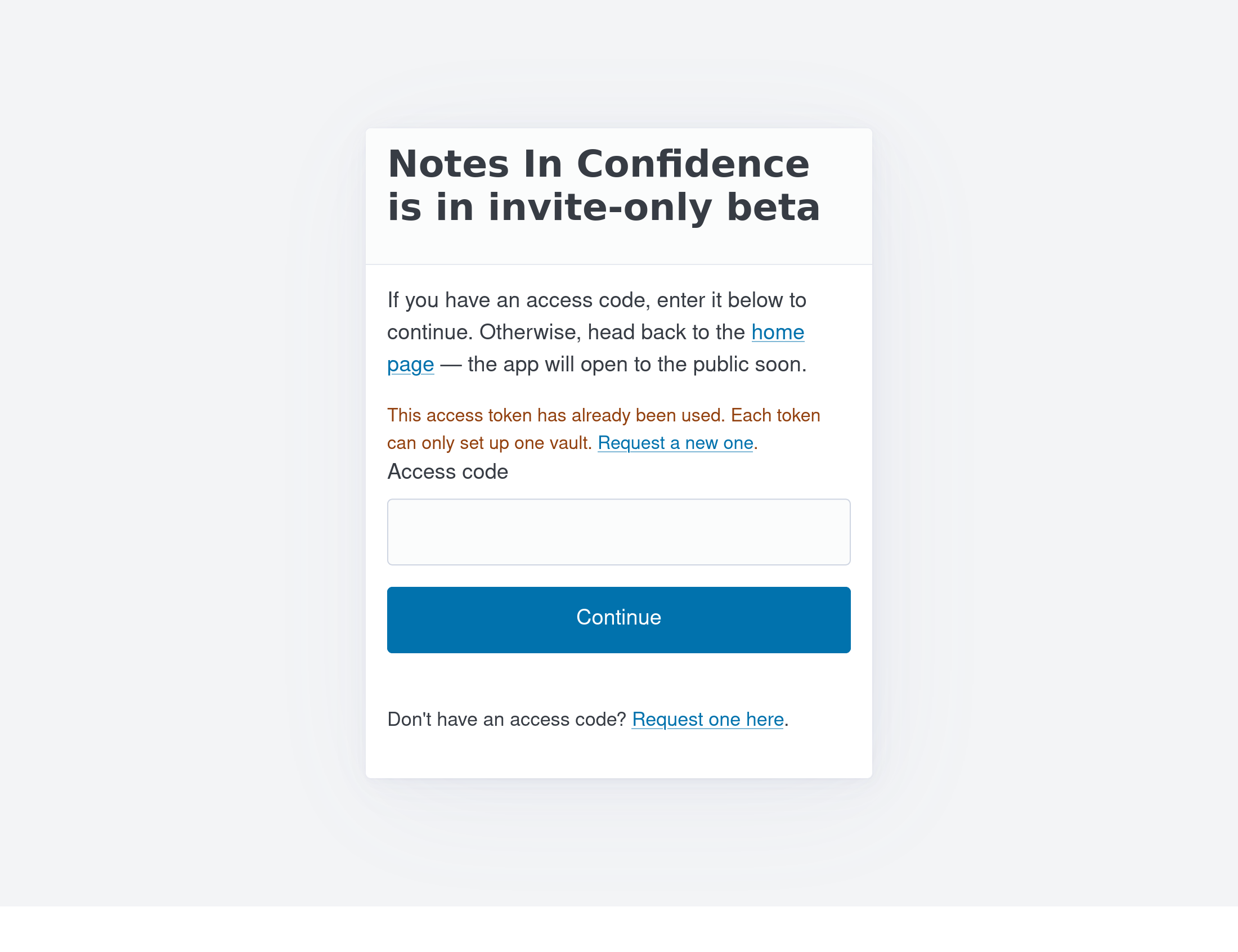 The Beta access page showing the "already used" error with a link to request a new code