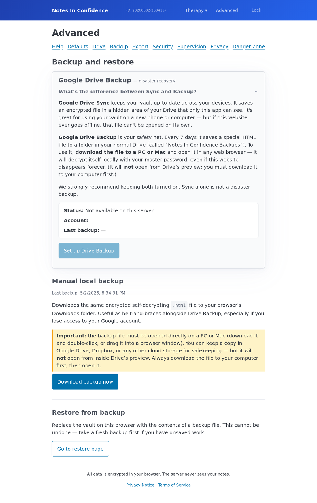 Advanced > Backup with the sync vs backup explainer expanded