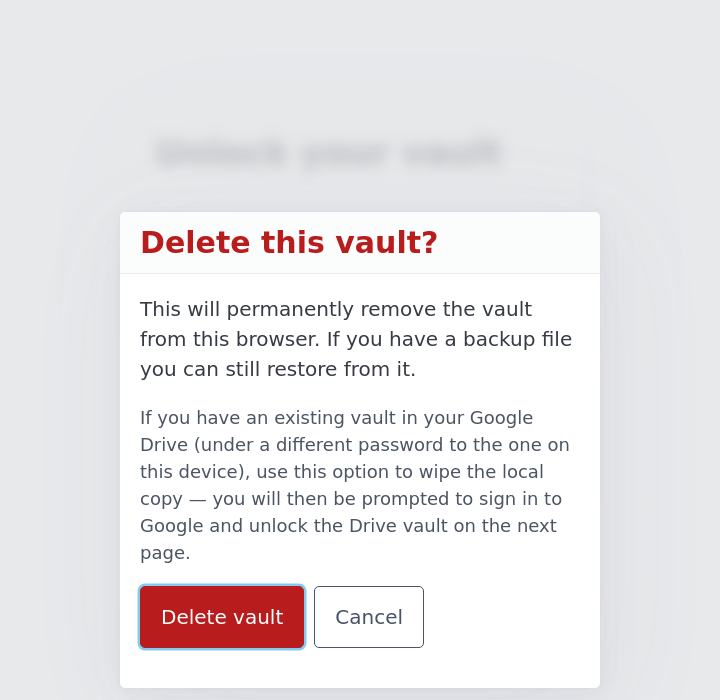 The "Delete this vault?" confirmation dialog