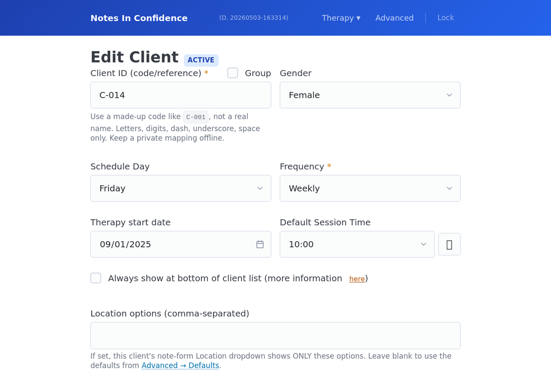 The Edit Client page showing the ACTIVE badge next to the title