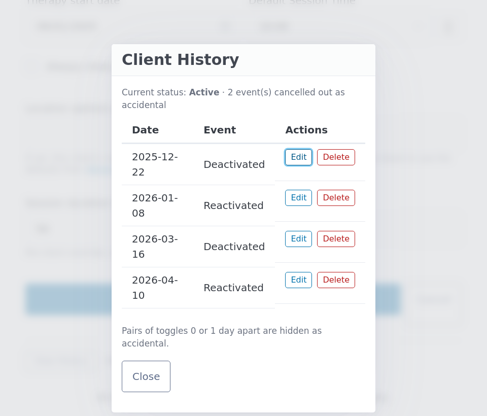 The History modal listing four surviving events with Edit and Delete buttons