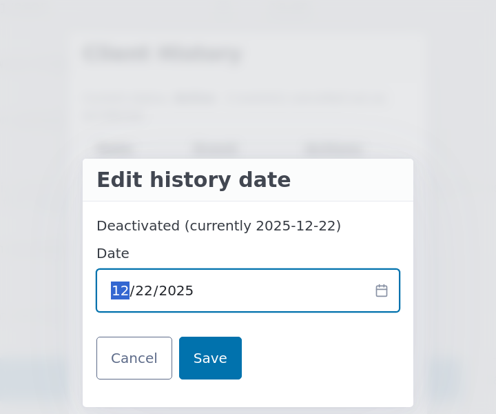 The Edit history date dialog