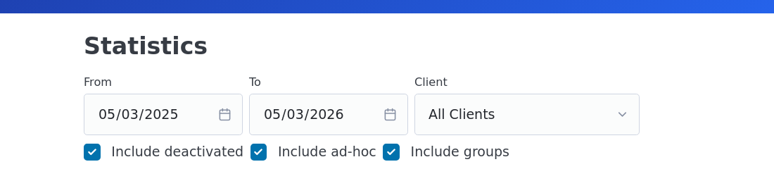 The Statistics filters: From, To, Client, and three include checkboxes