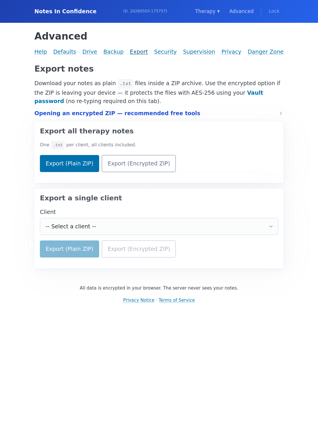 The Export tab in Advanced