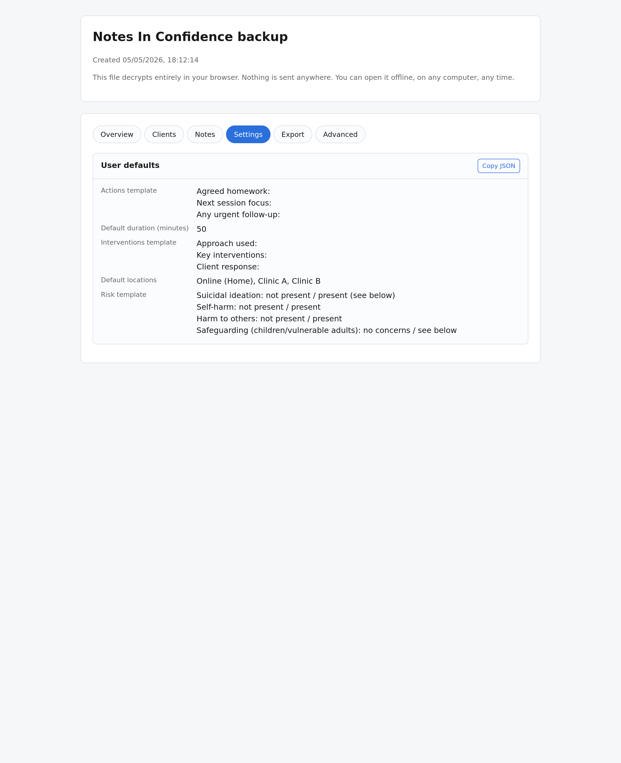 The Settings tab — your defaults from the app's Defaults page