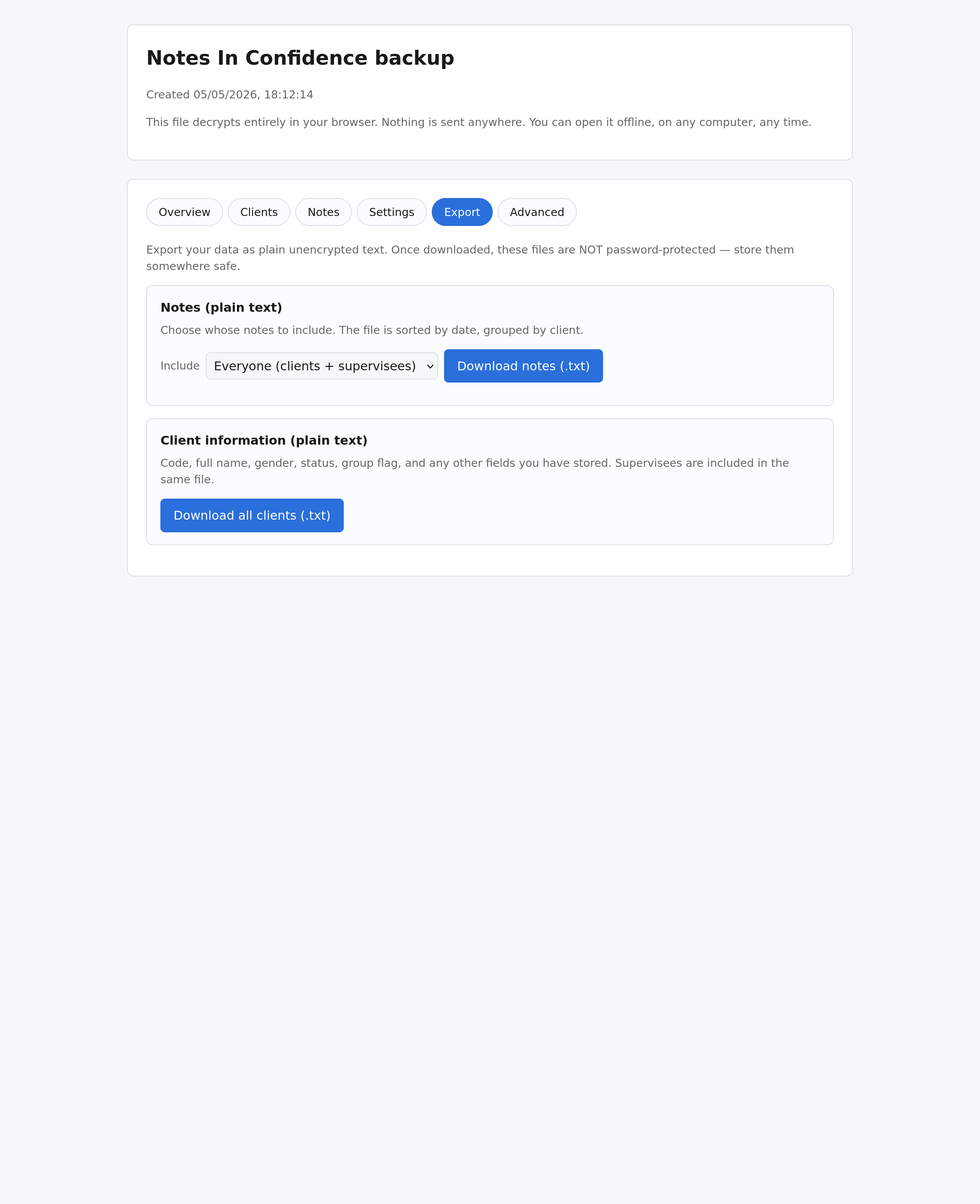 The Export tab — plain-text export buttons