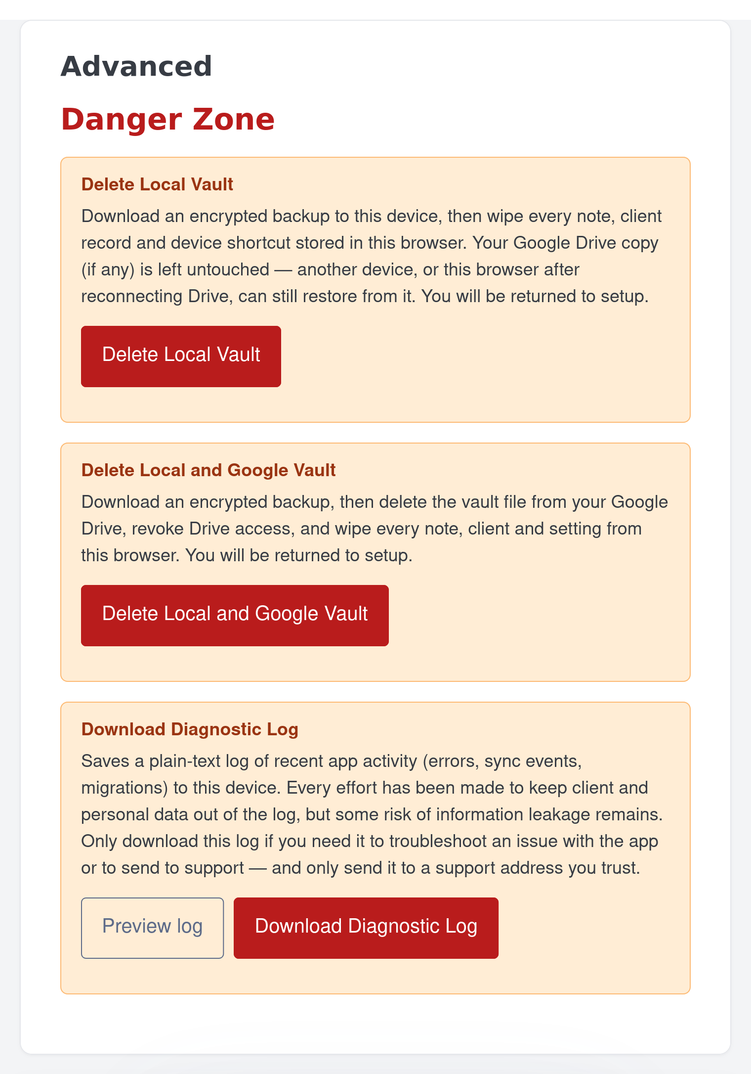 The Danger Zone tab inside Advanced