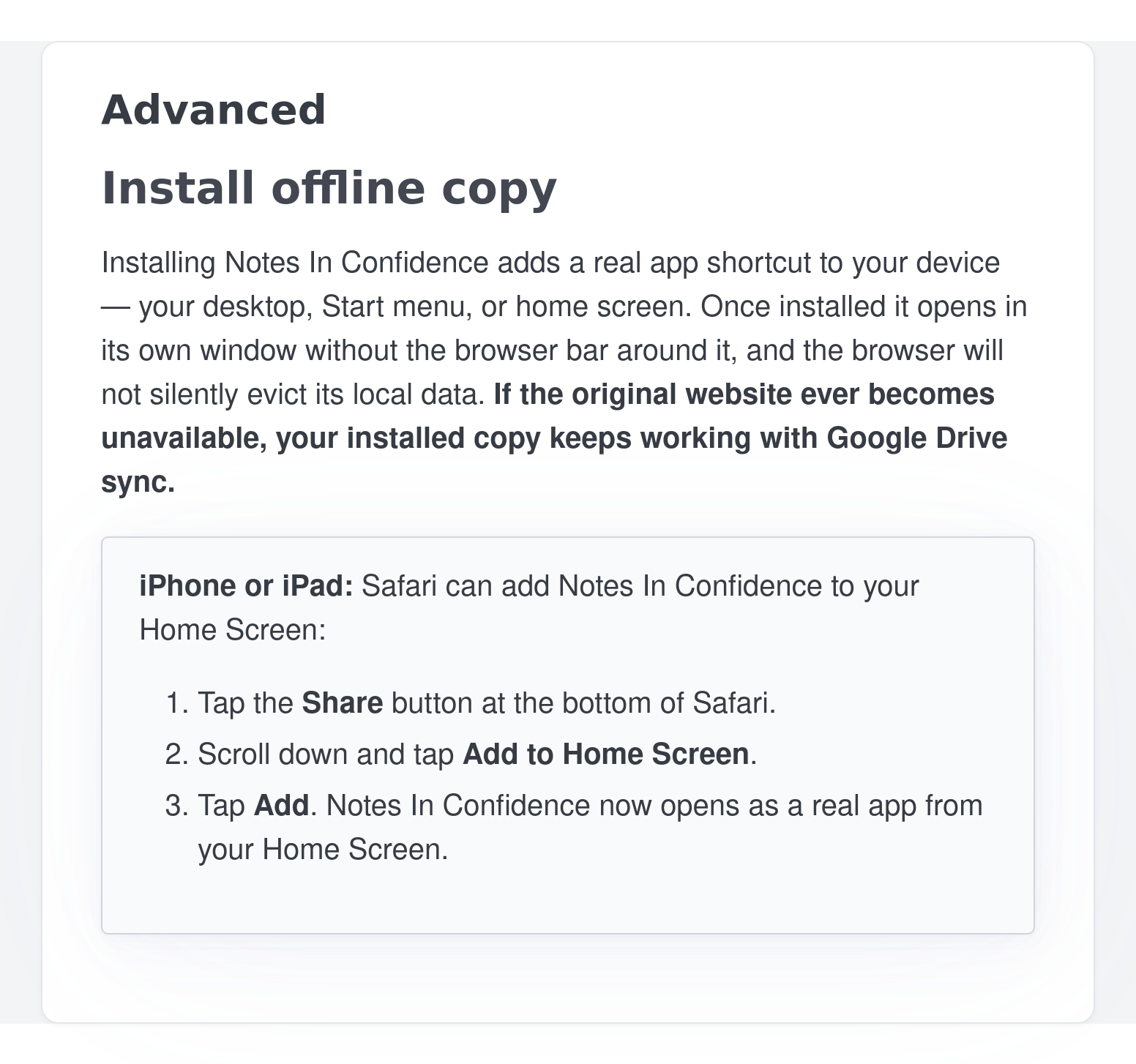 The Install tab on iOS Safari, showing the Add to Home Screen steps