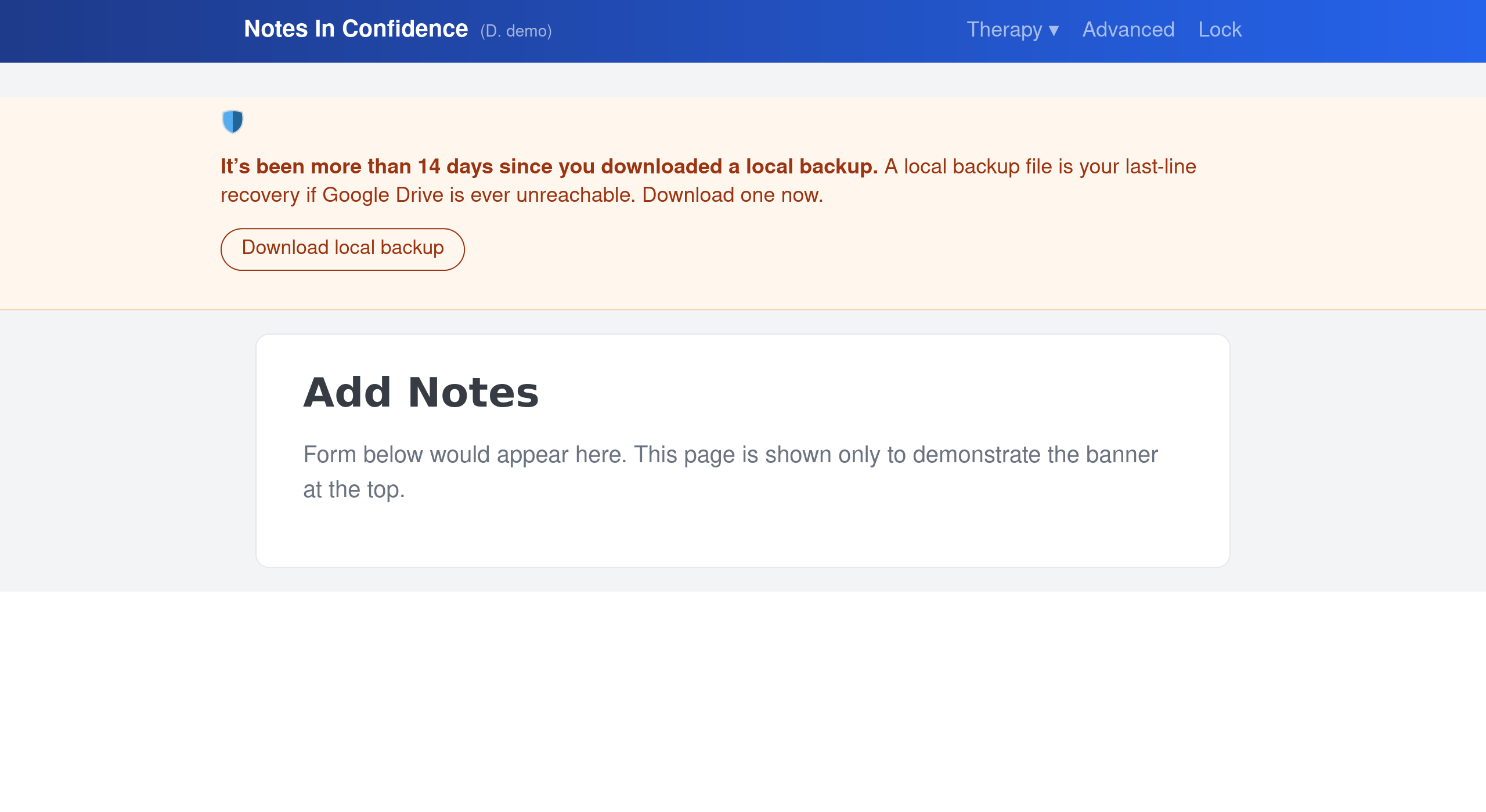 The orange backup-reminder banner