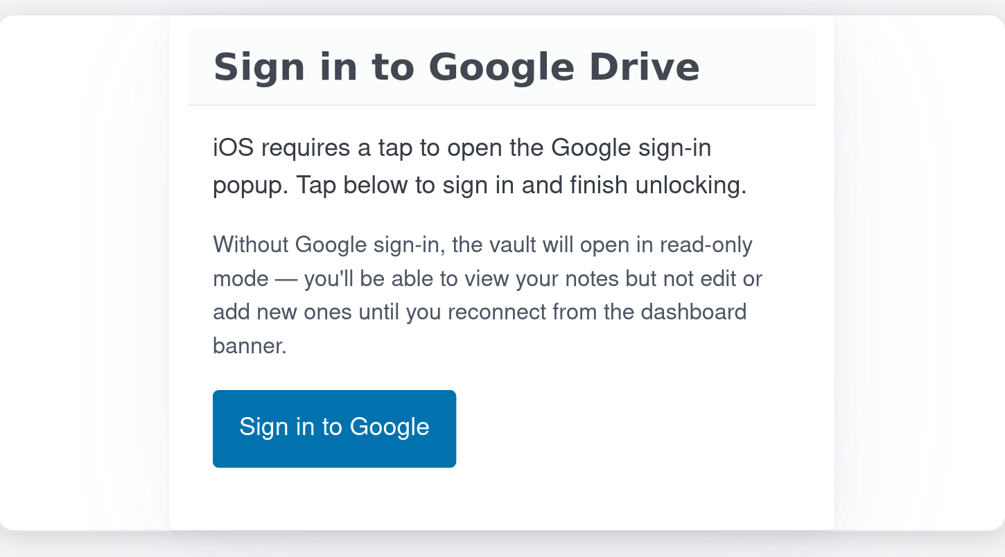 The Sign in to Google Drive dialog that appears on unlock on iOS
